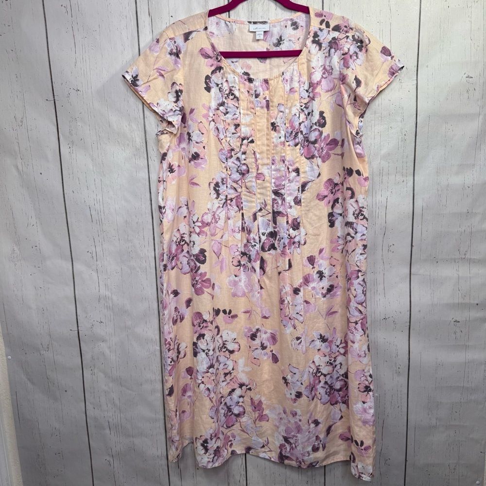 J.Jill Love Linen Peach Purple Floral Midi Dress L Tall Cottagecore Lagenlook